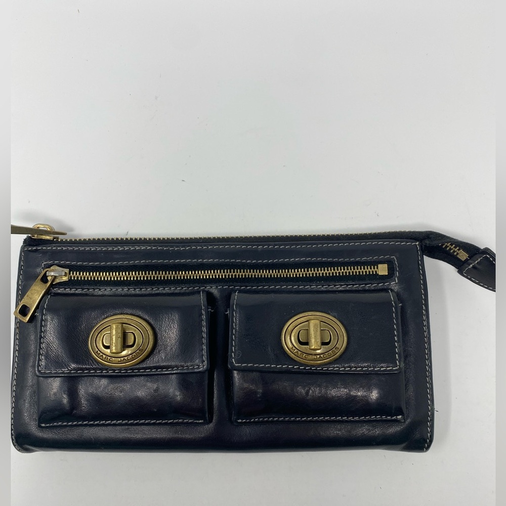 Marc Jacobs Black Leather Wallet Clutch with Pockets & Turn Lock Brass Hardware